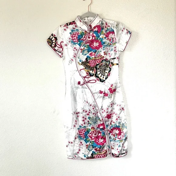 Asian Style TUNIC DRESS 100% Silk Fan Floral Pattern Made In Vietnam XS S M - Picture 1 of 11